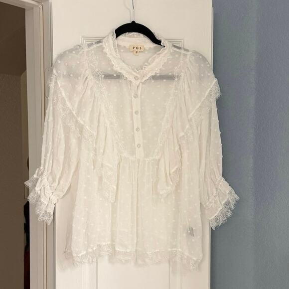POL Tops - POL Swiss Dot Boho Cottagecore White Ruffle Lace Top NWOT